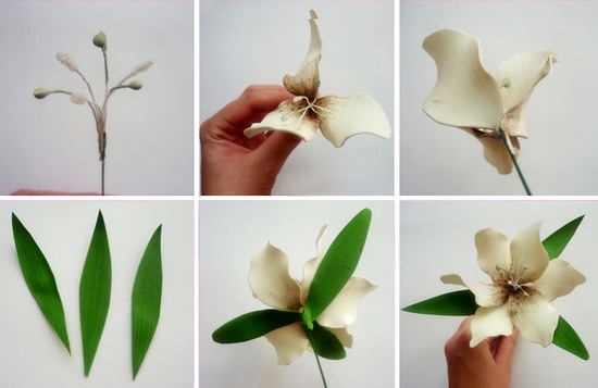 Wie man Foamiran herstellt. Meisterkurs zum Thema Blumenbasteln, Bastelvorlagen, Blumenstraußideen, Muster zum Erstellen einer Komposition. Foto