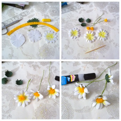 Wie man Foamiran herstellt. Meisterkurs zum Thema Blumenbasteln, Bastelvorlagen, Blumenstraußideen, Muster zum Erstellen einer Komposition. Foto