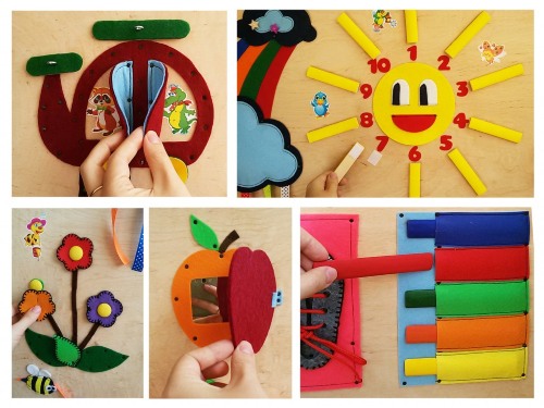 DIY-Entwicklungsboards für Kinder. So stellen Sie ein Busy Board her und befestigen Klettverschlüsse und Knöpfe. Foto