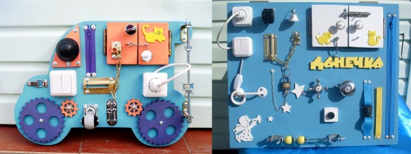 DIY-Entwicklungsboards für Kinder. So stellen Sie ein Busy Board her und befestigen Klettverschlüsse und Knöpfe. Foto