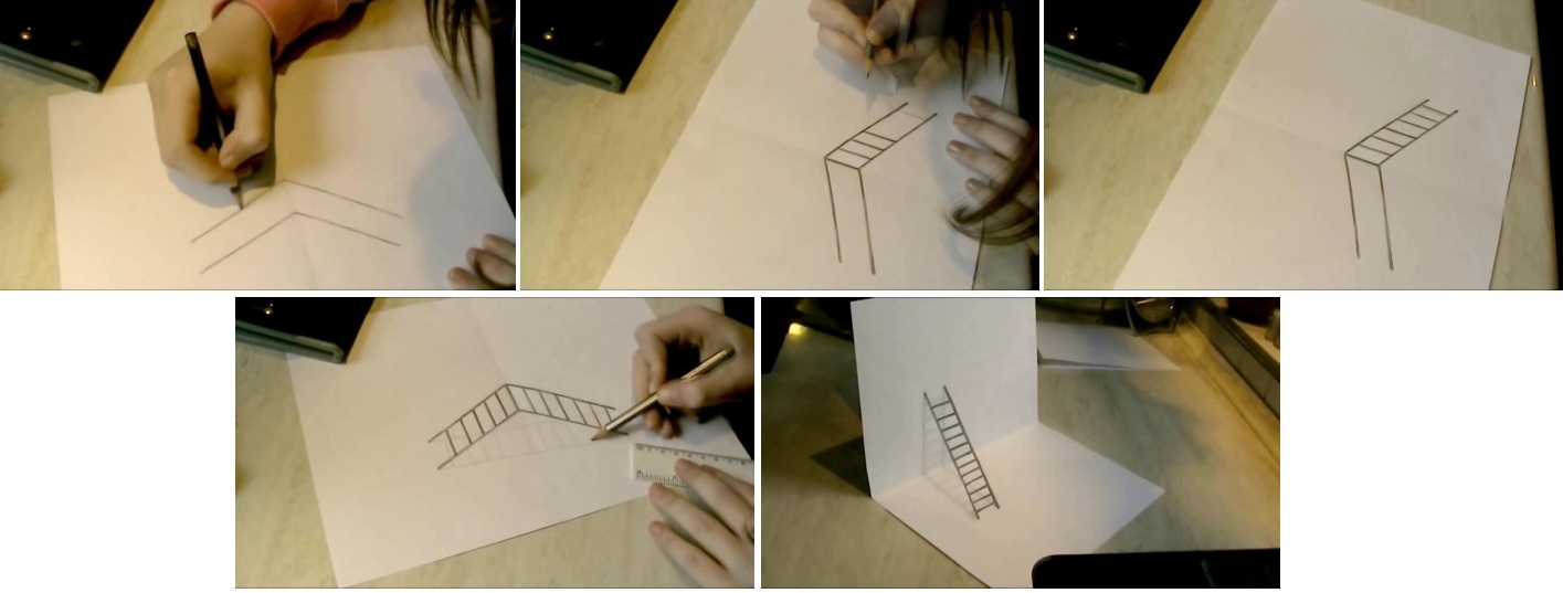 3D-Zeichnungen auf Papier. Meisterkurs für Anfänger: Schritt für Schritt mit Bleistift und Stift zeichnen: Treppe, Herz, Wassertropfen, Verlies