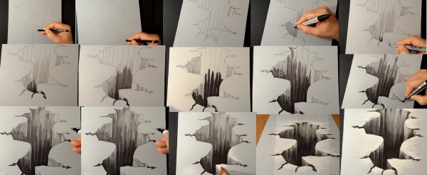3D-Zeichnungen auf Papier. Meisterkurs für Anfänger: Schritt für Schritt mit Bleistift und Stift zeichnen: Treppe, Herz, Wassertropfen, Verlies