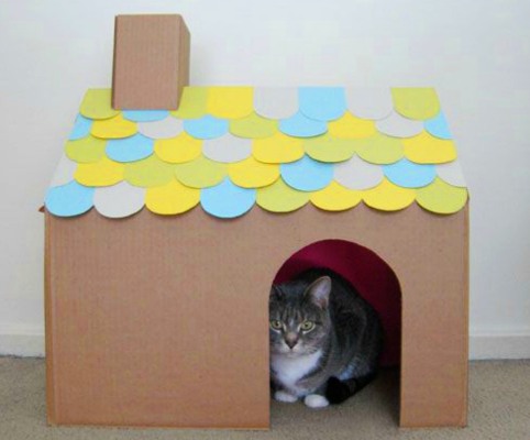 Katzenhaus aus einem Karton. Meisterklasse: Anleitung zum Selbermachen, Zeichnungen mit Maßangaben, Fotos