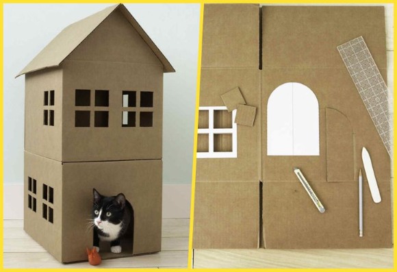 Katzenhaus aus einem Karton. Meisterklasse: Anleitung zum Selbermachen, Zeichnungen mit Maßangaben, Fotos