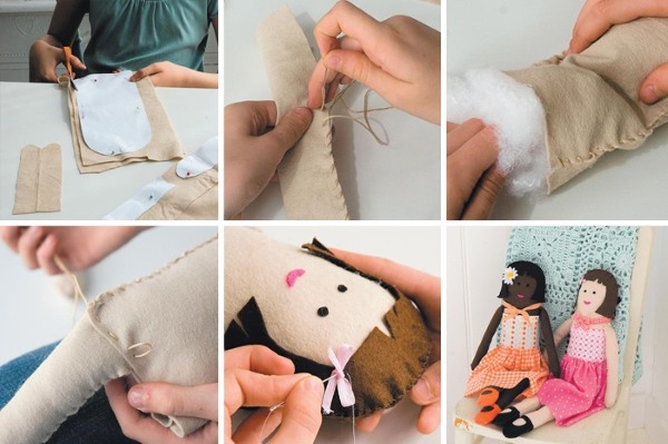 DIY-Puppe für Anfänger. Meisterklasse, Muster mit Schritt-für-Schritt-Beschreibungen aus Stoff, Strumpfhosen, Socken, Fäden, Plastikflaschen, Papier. Foto