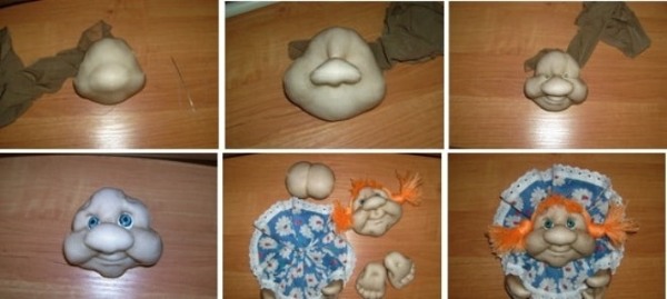DIY-Puppe für Anfänger. Meisterklasse, Muster mit Schritt-für-Schritt-Beschreibungen aus Stoff, Strumpfhosen, Socken, Fäden, Plastikflaschen, Papier. Foto