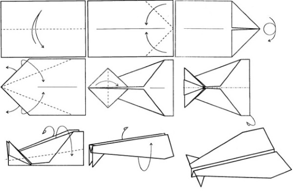 So bauen Sie mit Ihren eigenen Händen ein Papierflugzeug, das lange fliegt. Montagediagramme mit Faltlinien, ein Modell, das weit und hoch fliegt. Schritt-für-Schritt-Anleitungen, Vorlagen