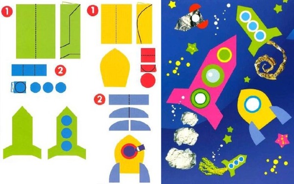 Anwendung geometrischer Formen 1, 2, 3, 4 Klasse, Vorlagen für Vorschulkinder im Kindergarten, Junior, Senior, Vorbereitungsgruppe, zum Thema Winter, Herbst, Frühling, Weltraum, Muster, Bilder