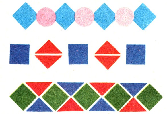Anwendung geometrischer Formen 1, 2, 3, 4 Klasse, Vorlagen für Vorschulkinder im Kindergarten, Junior, Senior, Vorbereitungsgruppe, zum Thema Winter, Herbst, Frühling, Weltraum, Muster, Bilder