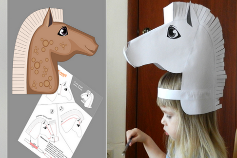 Kopfmasken aus Papier und Pappe. Basteln mit Kindern: Pferde, Iron Man, Spinne, Baba Yaga, Wolf, Fisch, Ziege, Vogel, Muster, Tiervorlagen