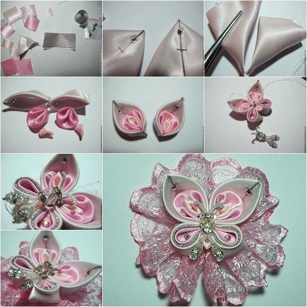 DIY-Haarnadeln aus Satinbändern, Strasssteinen, Perlen, Denim, Leder, Foamiran, Perlen und Draht. Meisterklasse Kanzashi