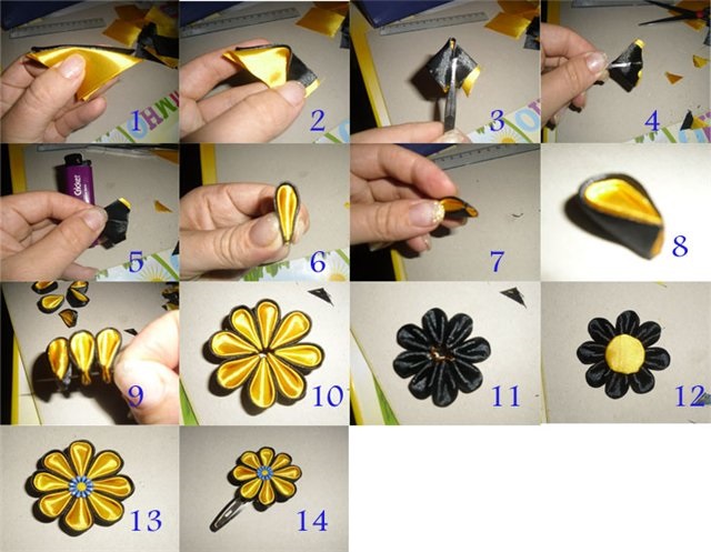 DIY-Haarnadeln aus Satinbändern, Strasssteinen, Perlen, Denim, Leder, Foamiran, Perlen und Draht. Meisterklasse Kanzashi