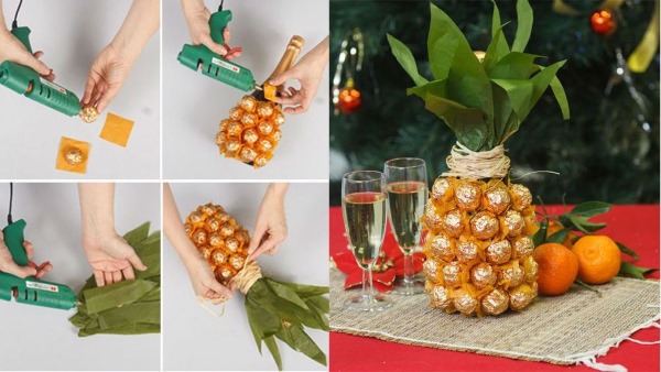 DIY-Ananas aus Süßigkeiten und Champagner: Schritt für Schritt Anleitung zur Herstellung aus einer Flasche. Meisterkurs für Anfänger