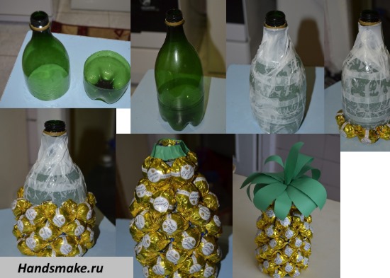 DIY-Ananas aus Süßigkeiten und Champagner: Schritt für Schritt Anleitung zur Herstellung aus einer Flasche. Meisterkurs für Anfänger