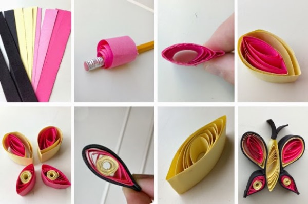 Quilling-Basteln für Anfänger: Muster. Schritt-für-Schritt-Anleitung mit Beschreibung: Blumen, Schmetterling, Tropfen, Trauben, Baumstamm, Chrysantheme, Ei, Tiere. Foto