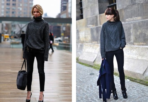 Übergroßer Pullover mit Stricknadeln mit Beschreibung: Englisches Gummiband, Krausrippen, Mohair. Modische Modelle für Frauen, Männer, Schemata
