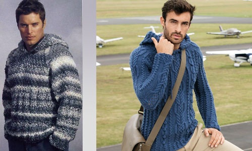 Herrenpullover gestrickt. Strickanleitung, Diagramme, Fotos, Schritt-für-Schritt-Beschreibung für Anfänger. Mit Ornament, Hirsch, Zöpfen, Kapuze, Raglanpullover