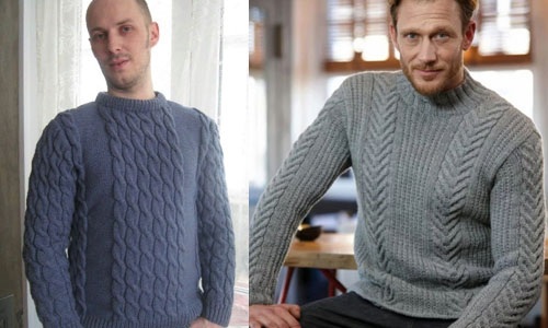 Herrenpullover gestrickt. Strickanleitung, Diagramme, Fotos, Schritt-für-Schritt-Beschreibung für Anfänger. Mit Ornament, Hirsch, Zöpfen, Kapuze, Raglanpullover
