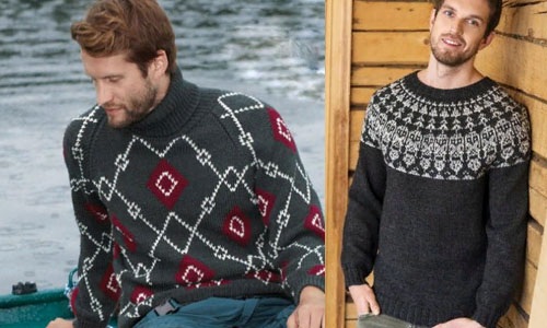 Herrenpullover gestrickt. Strickanleitung, Diagramme, Fotos, Schritt-für-Schritt-Beschreibung für Anfänger. Mit Ornament, Hirsch, Zöpfen, Kapuze, Raglanpullover