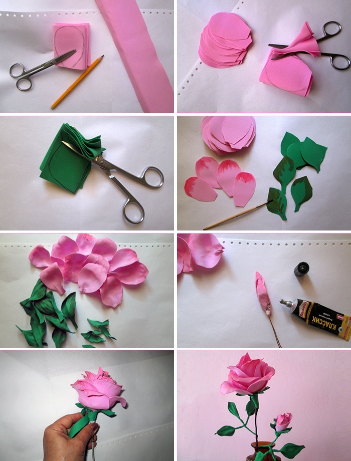 So stellen Sie Schritt für Schritt mit Ihren eigenen Händen eine Rose aus Foamiran, Kanzashi, Bändern, Stoff und Organza her. Meisterklasse, Video