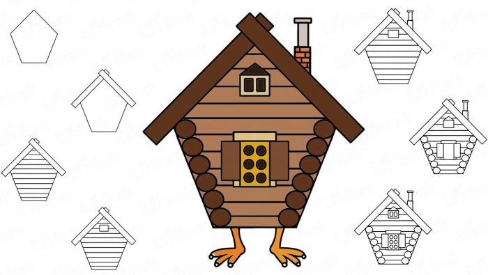 Malvorlage für Kinder: Hütte auf Hühnerbeinen, zum Selbermachen. Zeichnungsdiagramm, Bilder