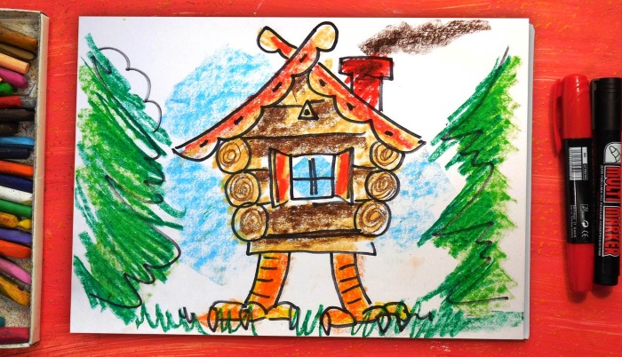Malvorlage für Kinder: Hütte auf Hühnerbeinen, zum Selbermachen. Zeichnungsdiagramm, Bilder