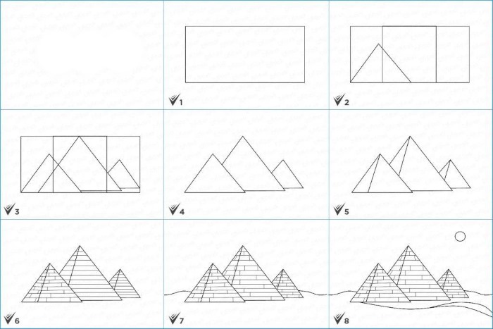 Mit Kindern ägyptische Pyramiden mit Bleistift zeichnen. Bilder, Schritt für Schritt mit Beschreibung