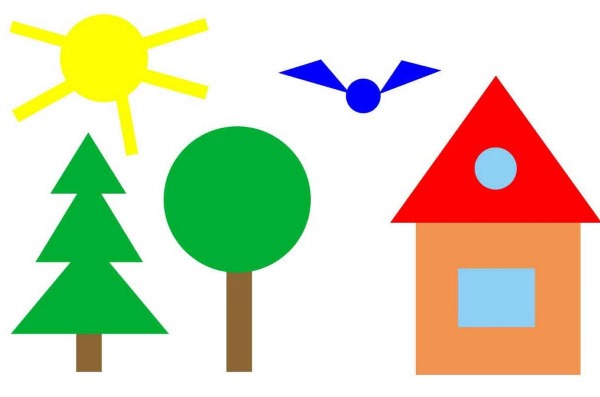 Figuren aus geometrischen Formen. Bilder für Kinder, Vorschulkinder, 1.-2. Klasse. Vorlagen für Bewerbungen