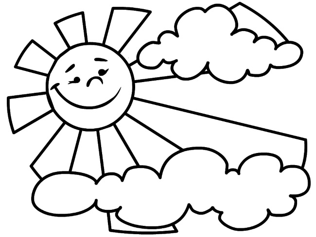 Sonne zum Ausmalen mit Kindern, mit einem Lächeln und Strahlen und ohne, Wolken. Drucken