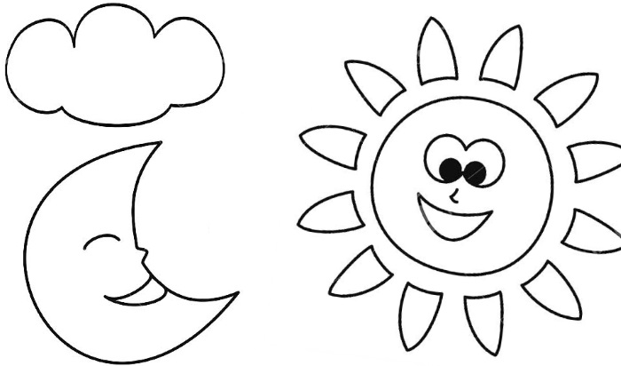 Sonne zum Ausmalen mit Kindern, mit einem Lächeln und Strahlen und ohne, Wolken. Drucken