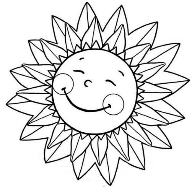 Sonne zum Ausmalen mit Kindern, mit einem Lächeln und Strahlen und ohne, Wolken. Drucken