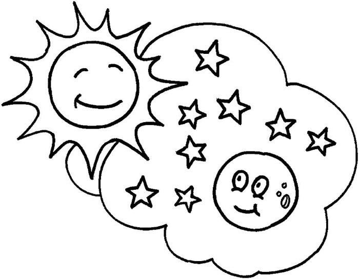 Sonne zum Ausmalen mit Kindern, mit einem Lächeln und Strahlen und ohne, Wolken. Drucken