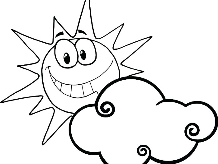 Sonne zum Ausmalen mit Kindern, mit einem Lächeln und Strahlen und ohne, Wolken. Drucken