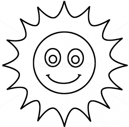 Sonne zum Ausmalen mit Kindern, mit einem Lächeln und Strahlen und ohne, Wolken. Drucken