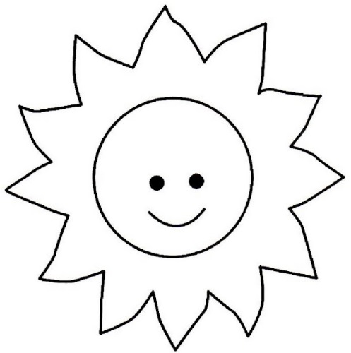 Sonne zum Ausmalen mit Kindern, mit einem Lächeln und Strahlen und ohne, Wolken. Drucken