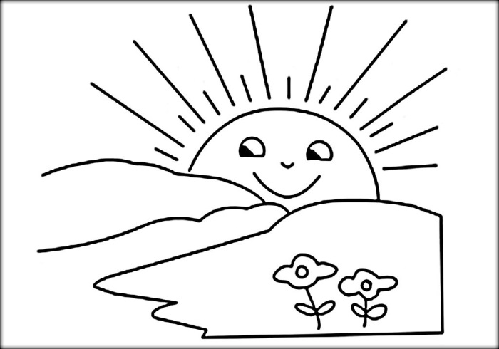 Sonne zum Ausmalen mit Kindern, mit einem Lächeln und Strahlen und ohne, Wolken. Drucken