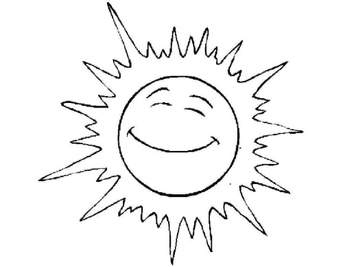Sonne zum Ausmalen mit Kindern, mit einem Lächeln und Strahlen und ohne, Wolken. Drucken