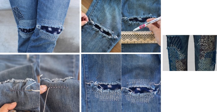 So stopfen Sie Jeans zwischen den Beinen mit der Maschine und von Hand schön fest. Foto