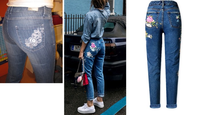 So stopfen Sie Jeans zwischen den Beinen mit der Maschine und von Hand schön fest. Foto