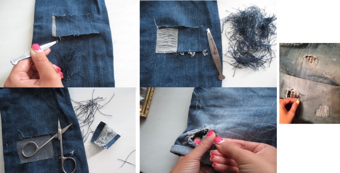 So stopfen Sie Jeans zwischen den Beinen mit der Maschine und von Hand schön fest. Foto