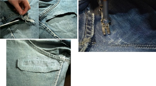 So stopfen Sie Jeans zwischen den Beinen mit der Maschine und von Hand schön fest. Foto