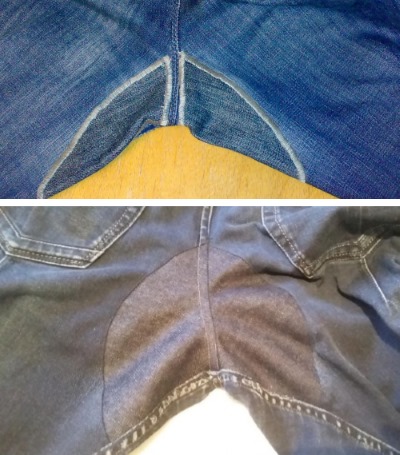So stopfen Sie Jeans zwischen den Beinen mit der Maschine und von Hand schön fest. Foto