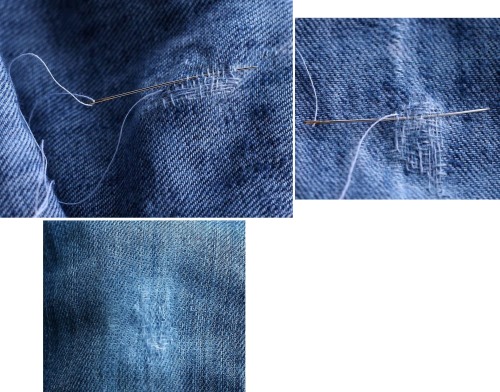 So stopfen Sie Jeans zwischen den Beinen mit der Maschine und von Hand schön fest. Foto