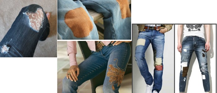 So stopfen Sie Jeans zwischen den Beinen mit der Maschine und von Hand schön fest. Foto