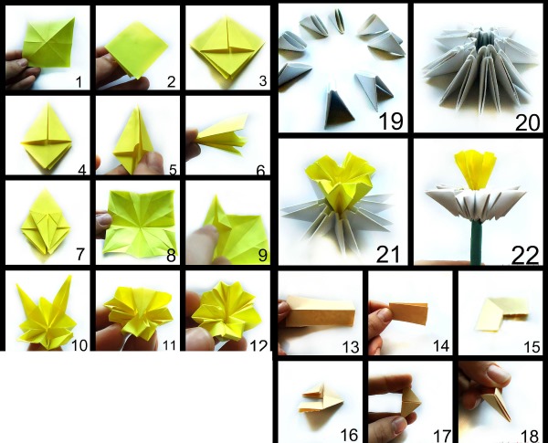 Modulares Origami für Anfänger aus Papier. Schritt-für-Schritt-Anleitung, Diagramme: Schwan, Vase, Blumen, Pfau, Drache, Storch