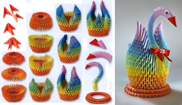 Modulares Origami für Anfänger aus Papier. Schritt-für-Schritt-Anleitung, Diagramme: Schwan, Vase, Blumen, Pfau, Drache, Storch