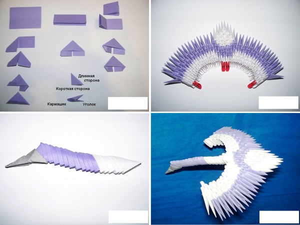 Modulares Origami für Anfänger aus Papier. Schritt-für-Schritt-Anleitung, Diagramme: Schwan, Vase, Blumen, Pfau, Drache, Storch