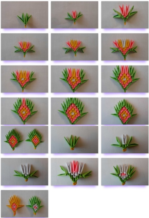 Modulares Origami für Anfänger aus Papier. Schritt-für-Schritt-Anleitung, Diagramme: Schwan, Vase, Blumen, Pfau, Drache, Storch