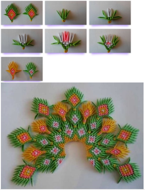 Modulares Origami für Anfänger aus Papier. Schritt-für-Schritt-Anleitung, Diagramme: Schwan, Vase, Blumen, Pfau, Drache, Storch