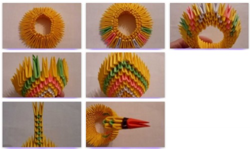 Modulares Origami für Anfänger aus Papier. Schritt-für-Schritt-Anleitung, Diagramme: Schwan, Vase, Blumen, Pfau, Drache, Storch